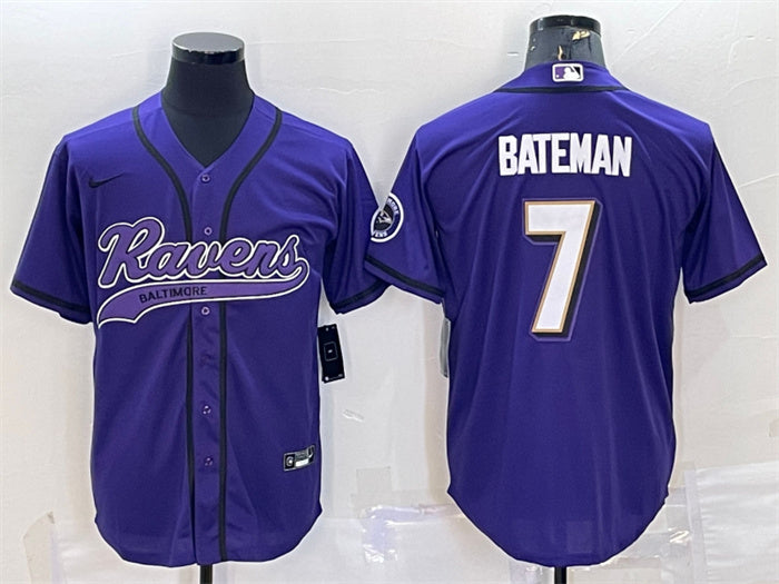 Custom Men’s Baltimore Ravens #7 Rashod Bateman Purple With Patch Cool Base Stitched Baseball Jersey