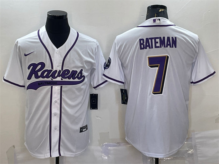 Custom Men’s Baltimore Ravens #7 Rashod Bateman White With Patch Cool Base Stitched Baseball Jersey