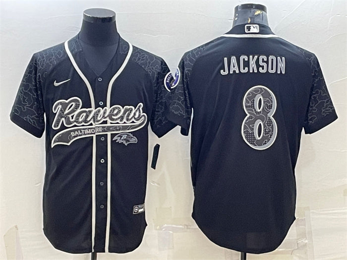 Custom Men’s Baltimore Ravens #8 Lamar Jackson Black Reflective With Patch Cool Base Stitched Baseball Jersey