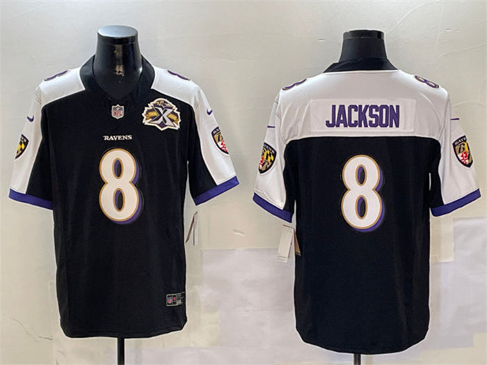 Custom Men’s Baltimore Ravens #8 Lamar Jackson Black White 2023 F.U.S.E With Patch Throwback Vapor Limited Jersey