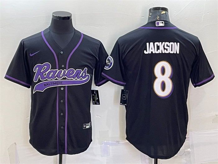 Custom Men’s Baltimore Ravens #8 Lamar Jackson Black With Patch Cool Base Stitched Baseball Jersey