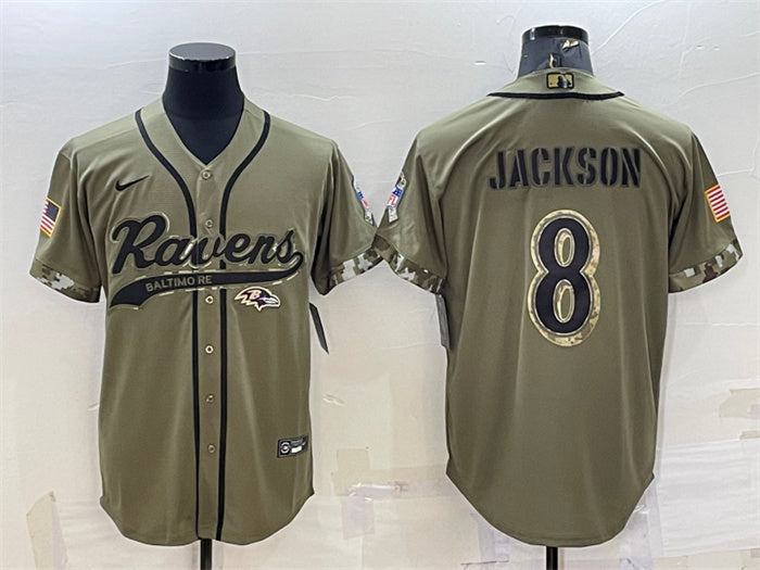 Custom Men’s Baltimore Ravens #8 Lamar Jackson Olive 2022 Salute To Service Cool Base Stitched Baseball Jersey