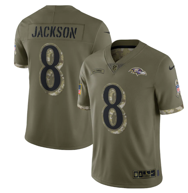 Custom Men’s Baltimore Ravens #8 Lamar Jackson Olive 2022 Salute To Service Limited Stitched Jersey