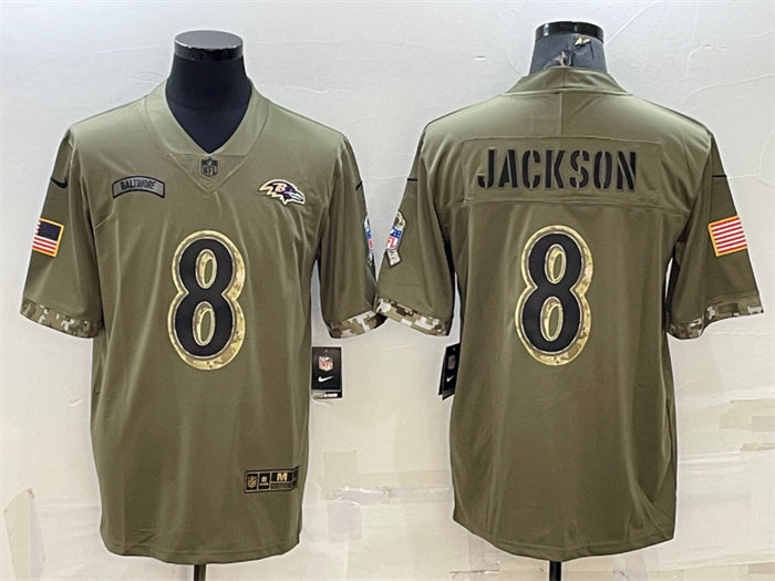 Custom Men’s Baltimore Ravens #8 Lamar Jackson Olive 2022 Salute To Service Limited Stitched Jersey