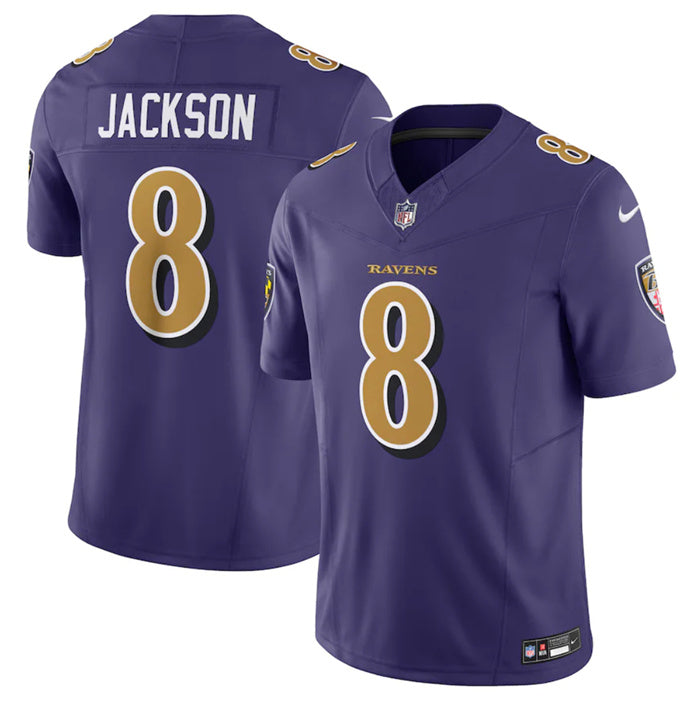 Custom Men’s Baltimore Ravens #8 Lamar Jackson Purple 2023 F.U.S.E Coloe Rush Jersey