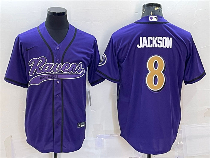 Custom Men’s Baltimore Ravens #8 Lamar Jackson Purple Gold With Patch Cool Base Stitched Baseball Jersey