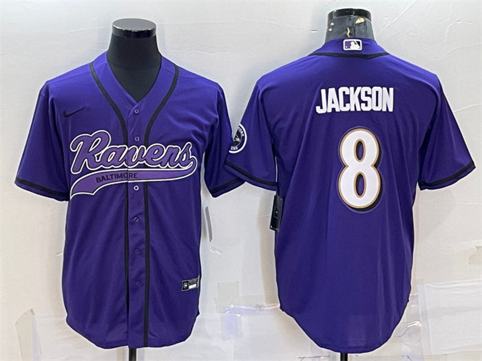 Custom Men’s Baltimore Ravens #8 Lamar Jackson Purple With Patch Cool Base Stitched Baseball Jersey