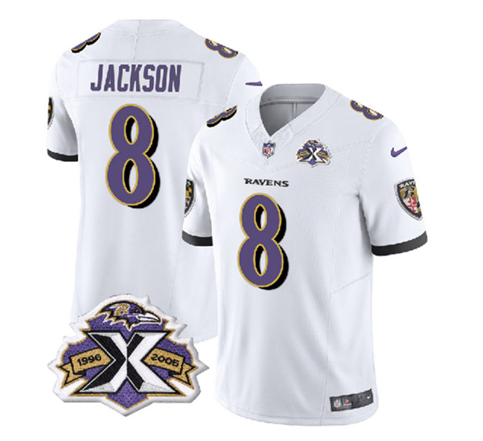 Custom Men’s Baltimore Ravens #8 Lamar Jackson White 2023 F.U.S.E With Patch Throwback Vapor Limited Jersey