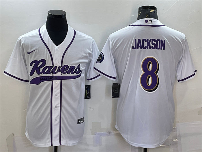 Custom Men’s Baltimore Ravens #8 Lamar Jackson White With Patch Cool Base Stitched Baseball Jersey
