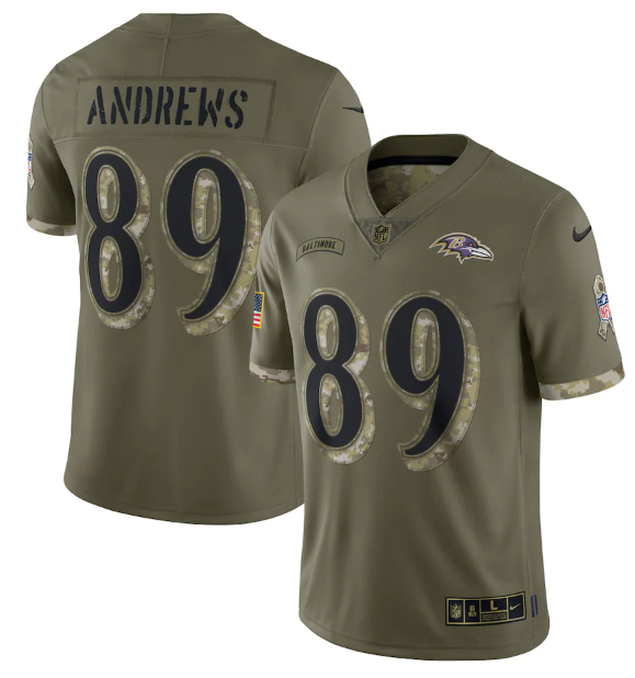 Custom Men’s Baltimore Ravens #89 Mark Andrews Olive 2022 Salute To Service Limited Stitched Jersey