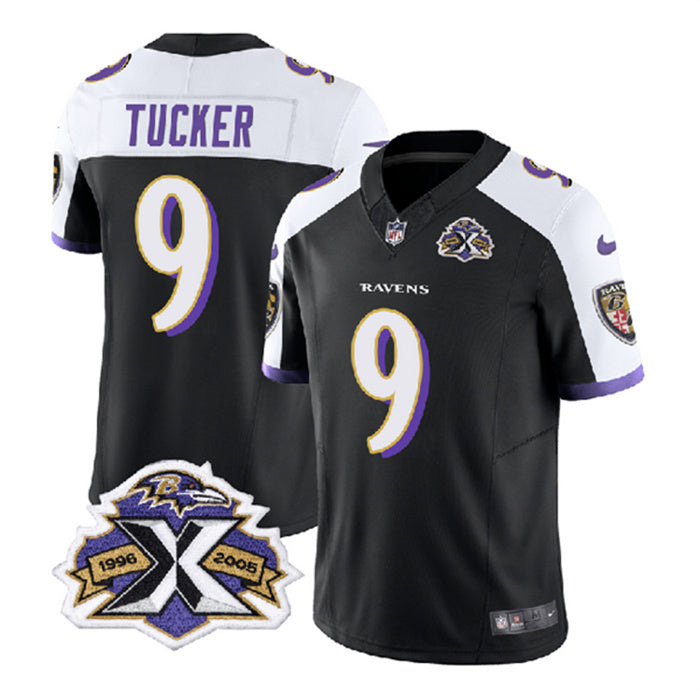 Custom Men’s Baltimore Ravens #9 Justin Tucker Black White 2023 F.U.S.E With Patch Throwback Vapor Limited Jersey