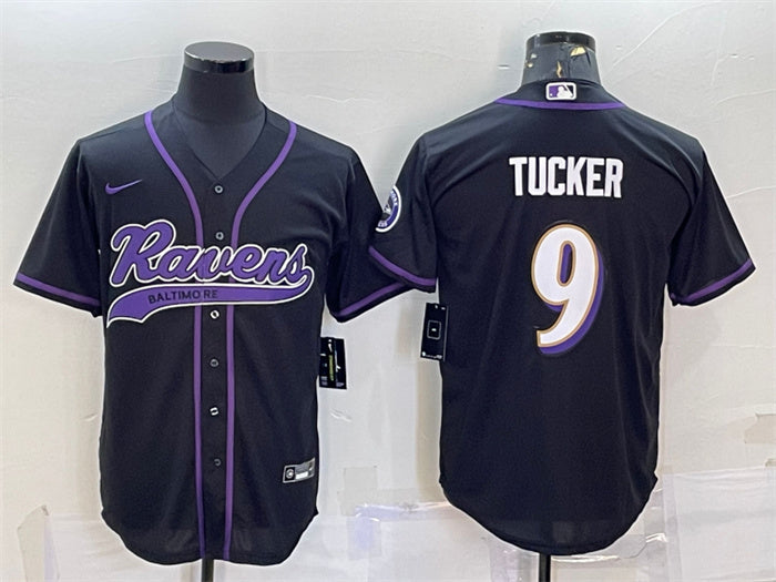 Custom Men’s Baltimore Ravens #9 Justin Tucker Black With Patch Cool Base Stitched Baseball Jersey
