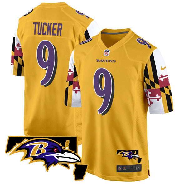 Custom Men’s Baltimore Ravens #9 Justin Tucker Gold 2025 Maryland Flag Vapor Limited Football Game Jersey