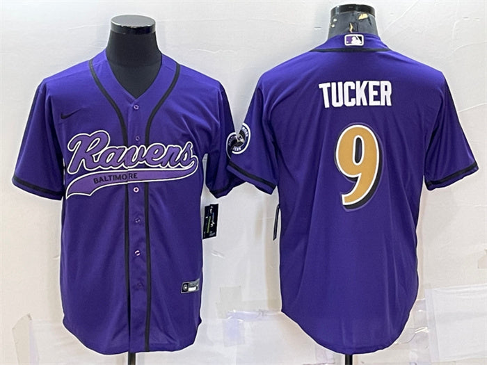 Custom Men’s Baltimore Ravens #9 Justin Tucker Purple Gold With Patch Cool Base Stitched Baseball Jersey