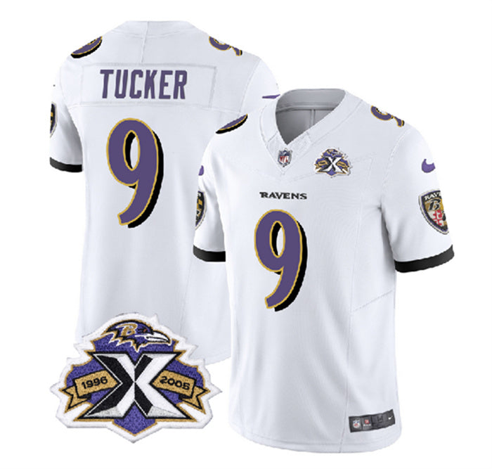 Custom Men’s Baltimore Ravens #9 Justin Tucker White 2023 F.U.S.E With Patch Throwback Vapor Limited Jersey