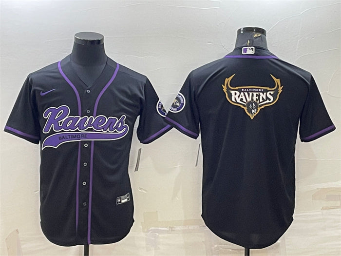 Custom Men’s Baltimore Ravens Black Team Big Logo With Patch Cool Base Stitched Baseball Jersey