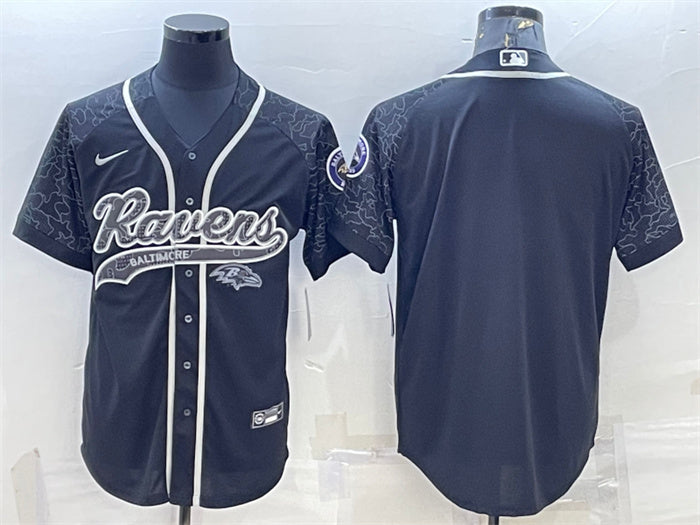 Custom Men’s Baltimore Ravens Blank Black Reflective With Patch Cool Base Stitched Baseball Jersey