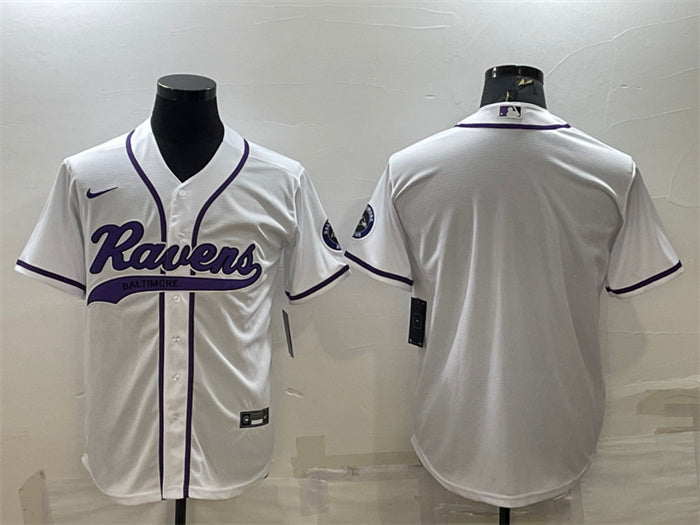 Custom Men’s Baltimore Ravens Blank White With Patch Cool Base Stitched Baseball Jersey