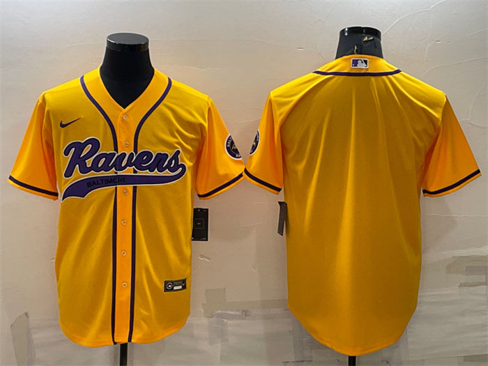 Custom Men’s Baltimore Ravens Blank Yellow With Patch Cool Base Stitched Baseball Jersey