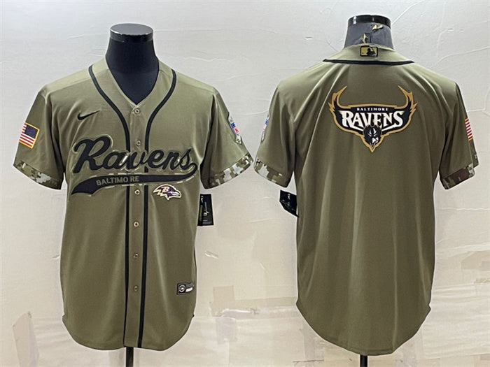 Custom Men’s Baltimore Ravens Olive Salute To Service Team Big Logo Cool Base Stitched Baseball Jersey