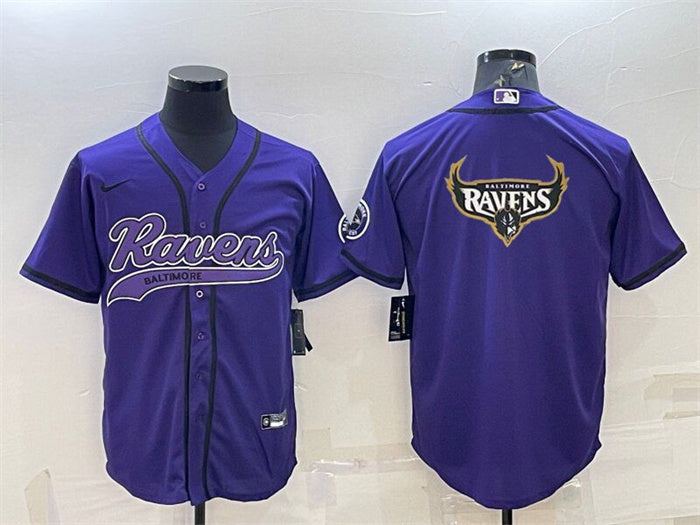 Custom Men’s Baltimore Ravens Purple Team Big Logo With Patch Cool Base Stitched Baseball Jersey