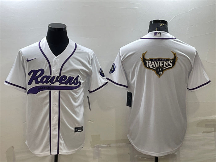 Custom Men’s Baltimore Ravens White Team Big Logo With Patch Cool Base Stitched Baseball Jersey