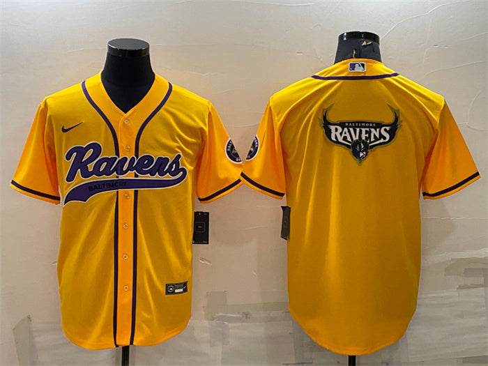 Custom Men’s Baltimore Ravens Yellow Team Big Logo With Patch Cool Base Stitched Baseball Jersey