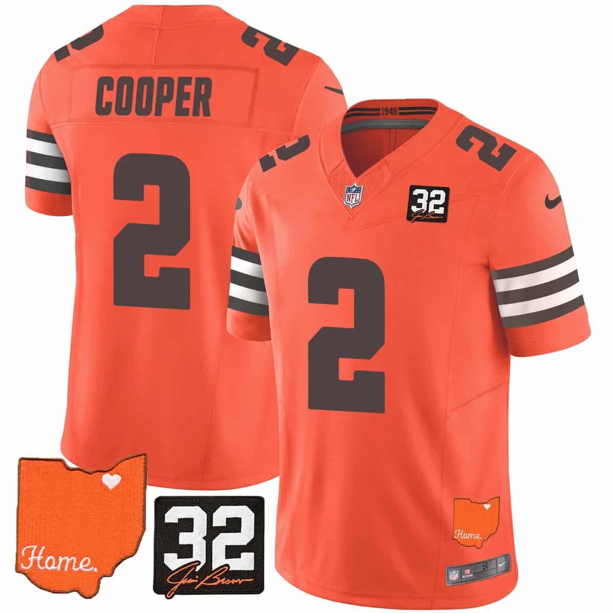 Custom Men’s Cleveland Browns #32 Jim Brown Memorial & Home Patch Vapor Limited Jersey All Stitched Amari Cooper 2