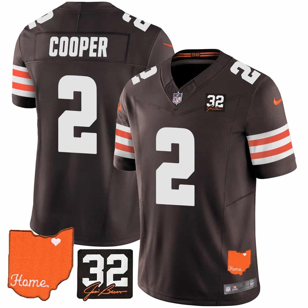 Custom Men’s Cleveland Browns #32 Jim Brown Memorial & Home Patch Vapor Limited Jersey All Stitched Amari Cooper 2