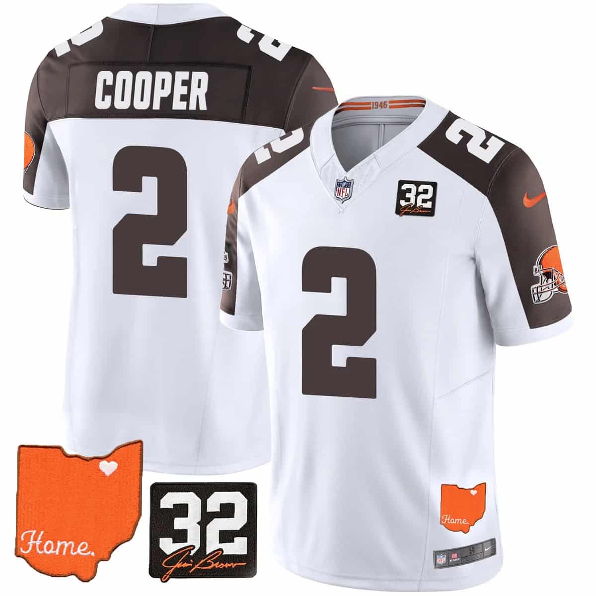 Custom Men’s Cleveland Browns #32 Jim Brown Memorial & Home Patch Vapor Limited Jersey All Stitched Amari Cooper #2