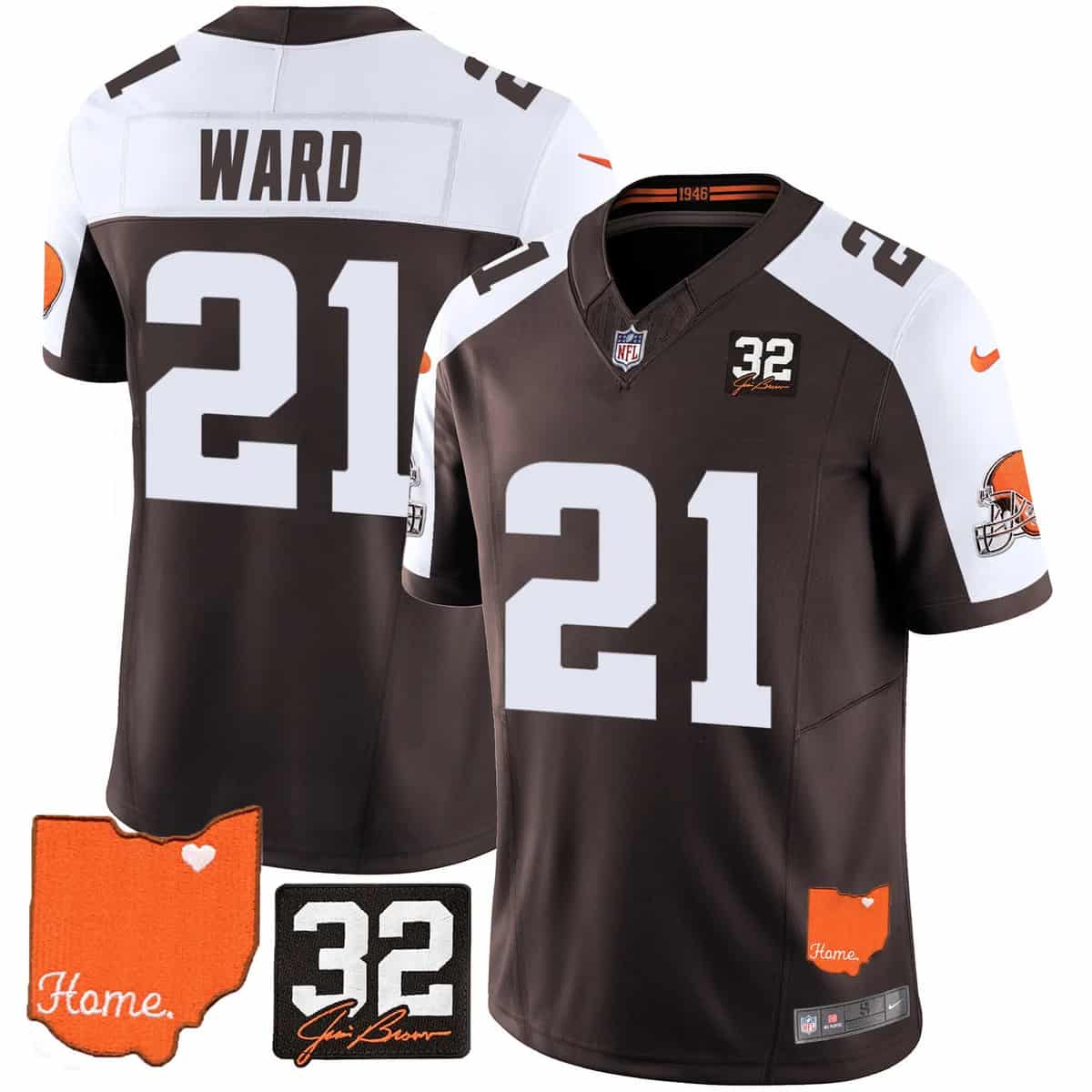 Custom Men’s Cleveland Browns #32 Jim Brown Memorial & Home Patch Vapor Limited Jersey All Stitched Denzel Ward