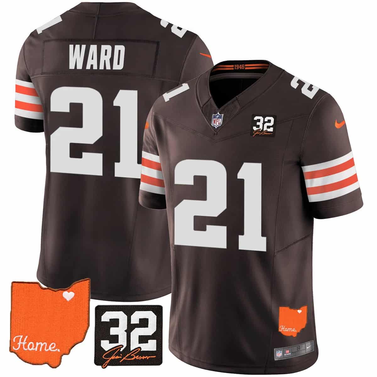 Custom Men’s Cleveland Browns #32 Jim Brown Memorial & Home Patch Vapor Limited Jersey All Stitched Denzel Ward 21