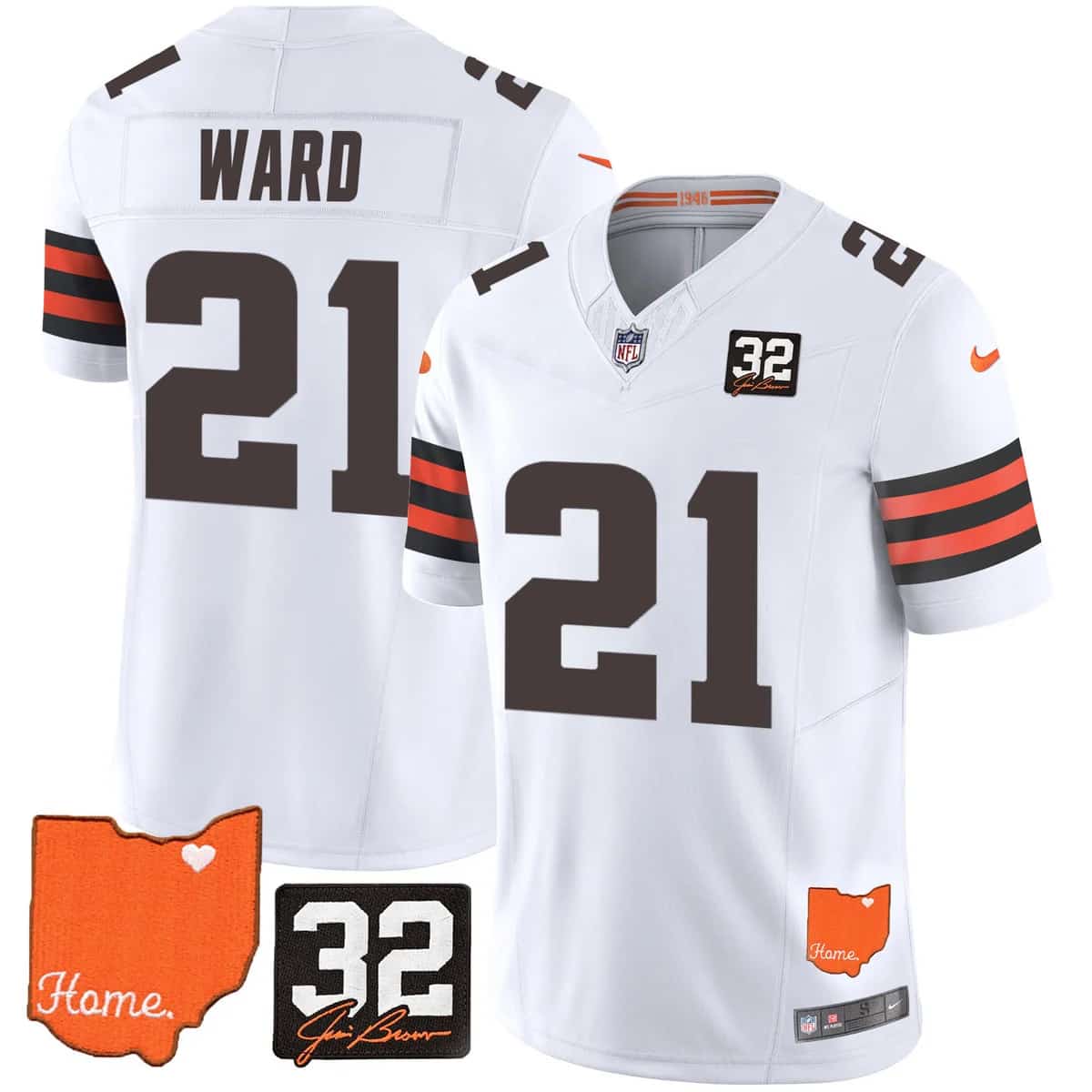 Custom Men’s Cleveland Browns #32 Jim Brown Memorial & Home Patch Vapor Limited Jersey All Stitched Denzel Ward 21