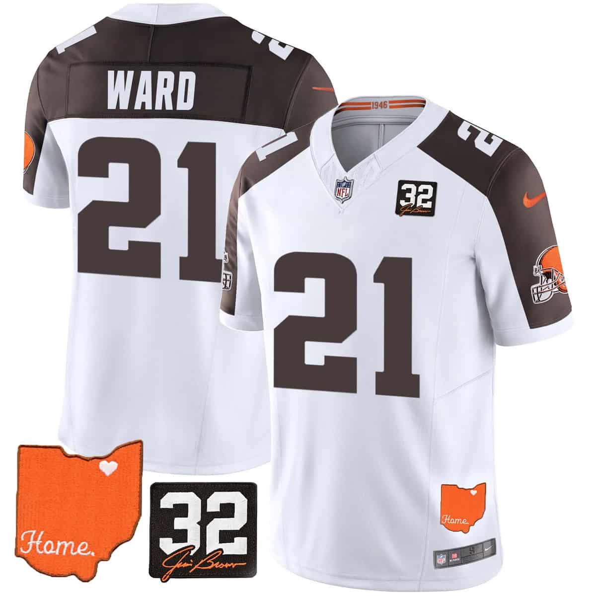 Custom Men’s Cleveland Browns #32 Jim Brown Memorial & Home Patch Vapor Limited Jersey All Stitched Denzel Ward #21