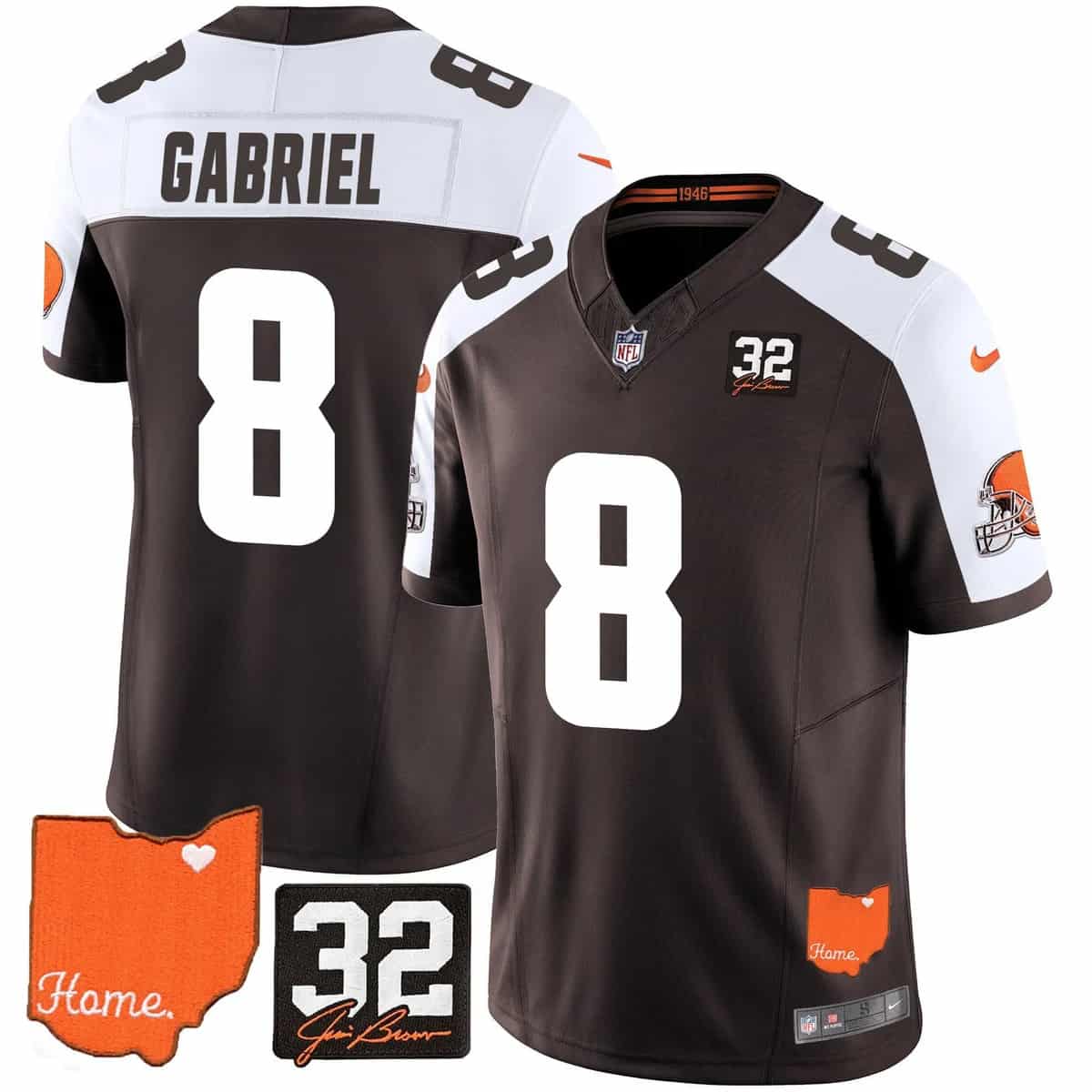 Custom Men’s Cleveland Browns #32 Jim Brown Memorial & Home Patch Vapor Limited Jersey All Stitched Dillon Gabriel