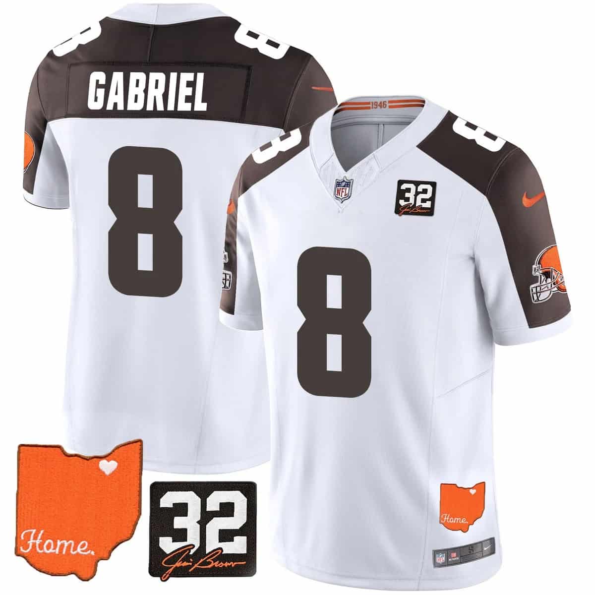 Custom Men’s Cleveland Browns #32 Jim Brown Memorial & Home Patch Vapor Limited Jersey All Stitched Dillon Gabriel #8