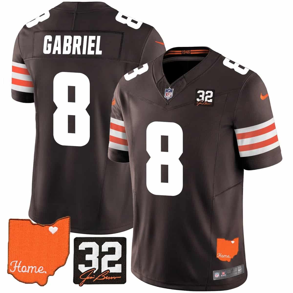 Custom Men’s Cleveland Browns #32 Jim Brown Memorial & Home Patch Vapor Limited Jersey All Stitched Dillon Gabriel 8