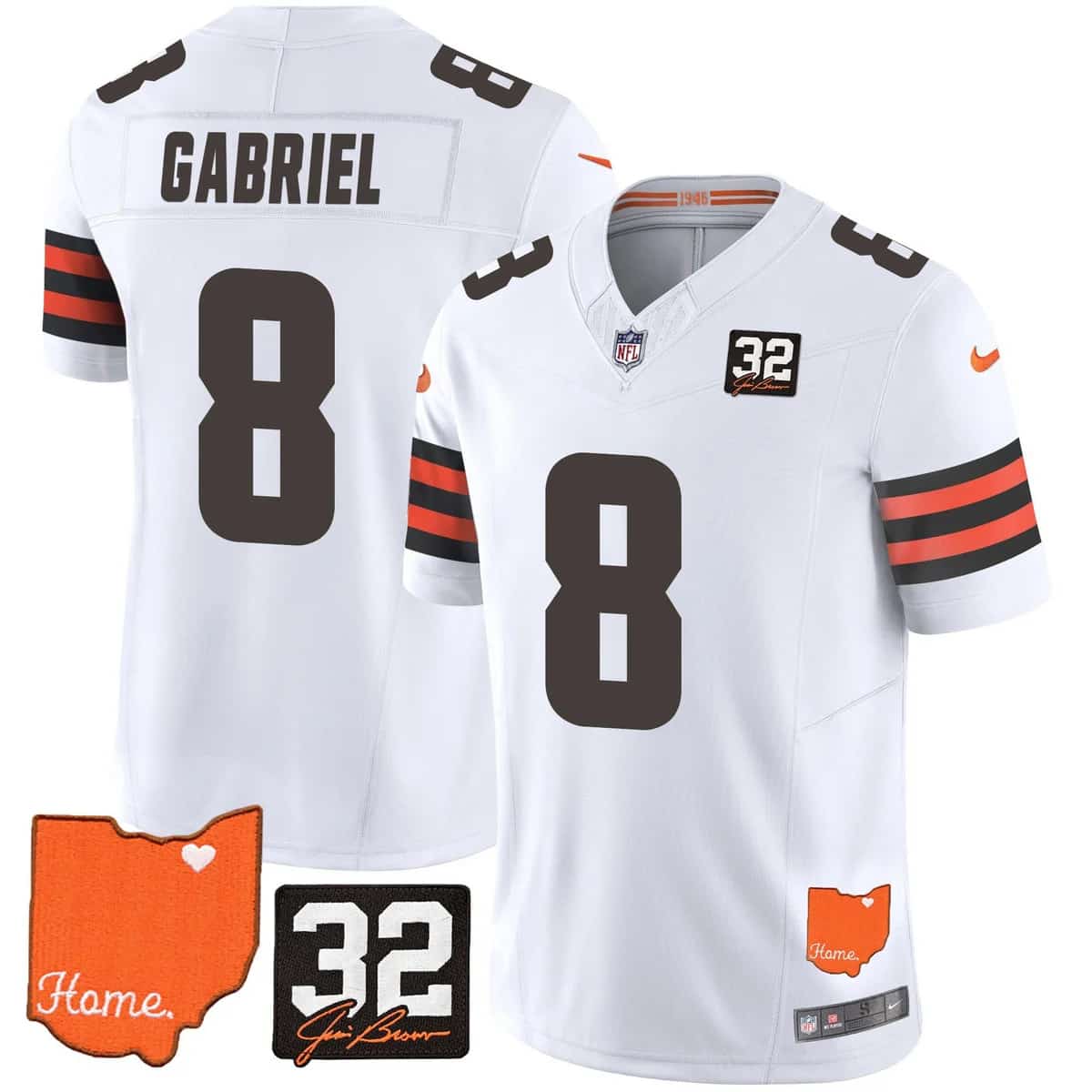 Custom Men’s Cleveland Browns #32 Jim Brown Memorial & Home Patch Vapor Limited Jersey All Stitched Dillon Gabriel 8
