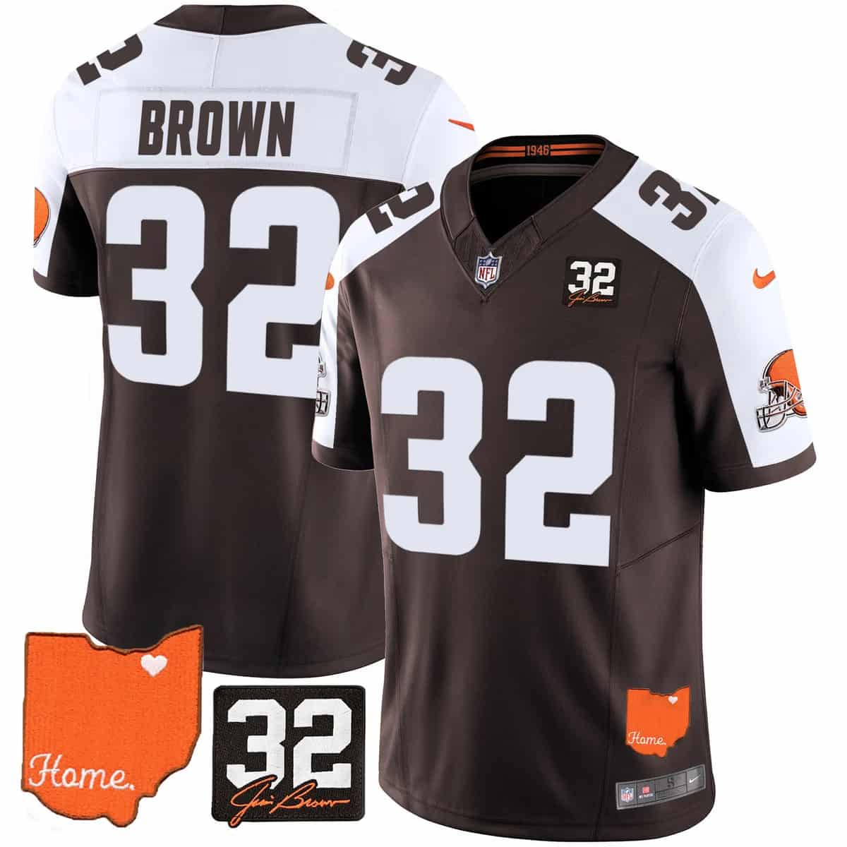 Custom Men’s Cleveland Browns #32 Jim Brown Memorial & Home Patch Vapor Limited Jersey All Stitched Jim Brown