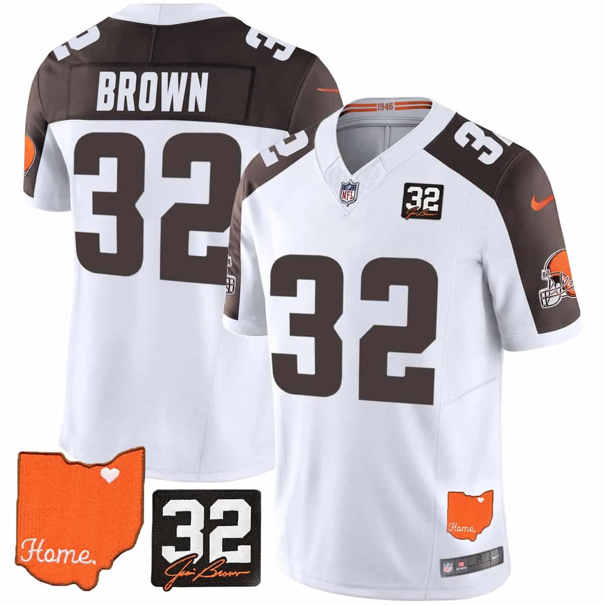 Custom Men’s Cleveland Browns #32 Jim Brown Memorial & Home Patch Vapor Limited Jersey All Stitched Jim Brown #32