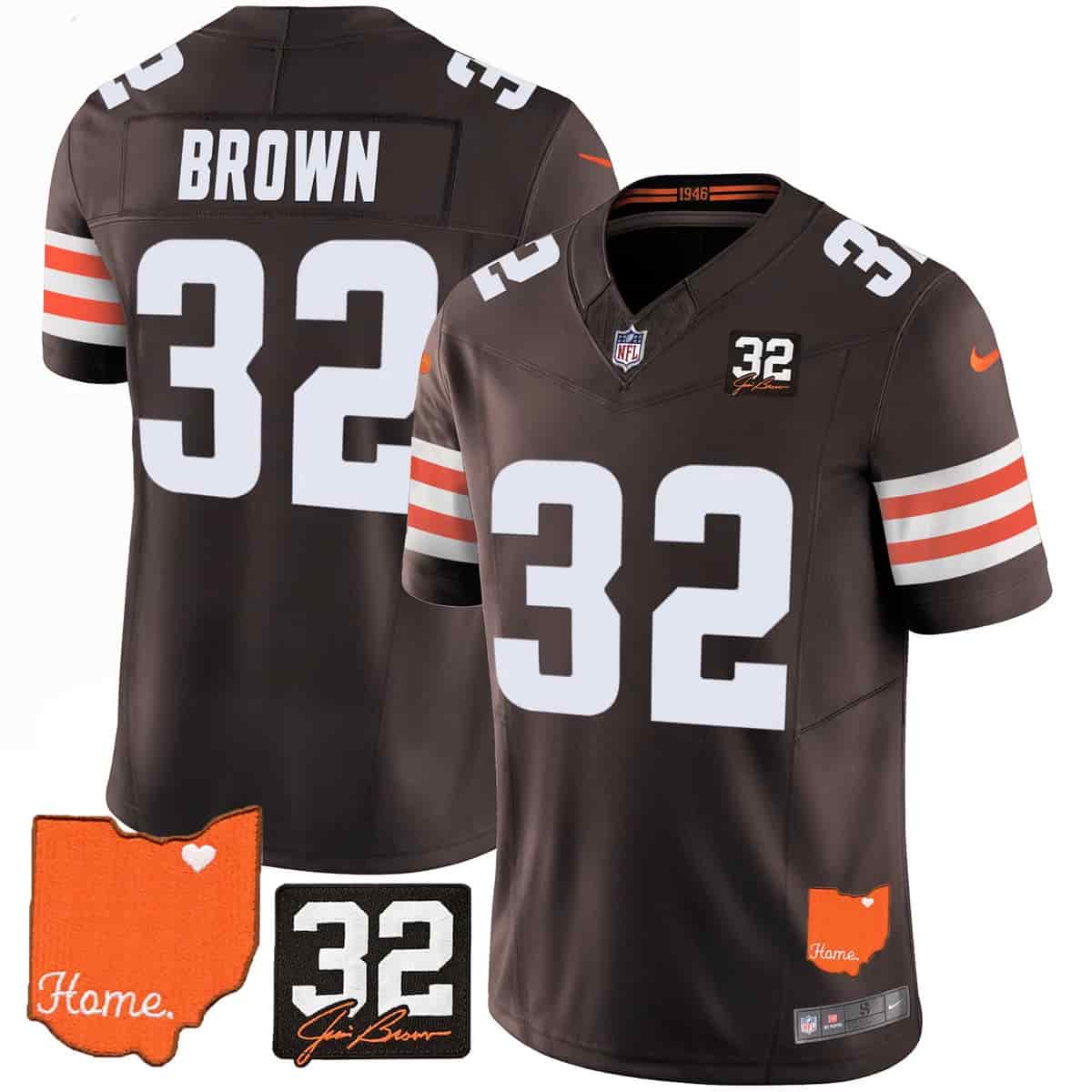 Custom Men’s Cleveland Browns #32 Jim Brown Memorial & Home Patch Vapor Limited Jersey All Stitched Jim Brown 32