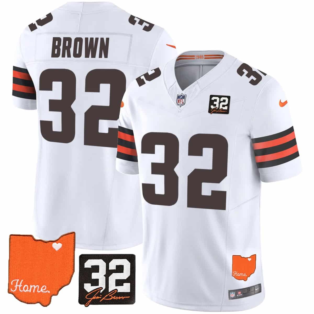 Custom Men’s Cleveland Browns #32 Jim Brown Memorial & Home Patch Vapor Limited Jersey All Stitched Jim Brown 32