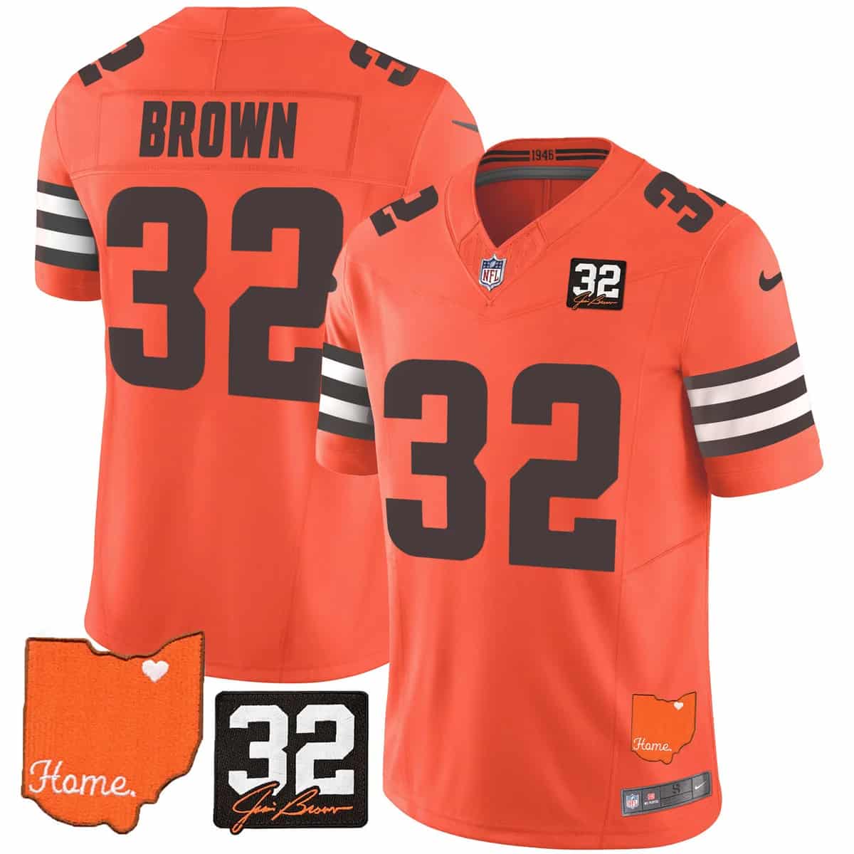 Custom Men’s Cleveland Browns #32 Jim Brown Memorial & Home Patch Vapor Limited Jersey All Stitched Jim Brown 32
