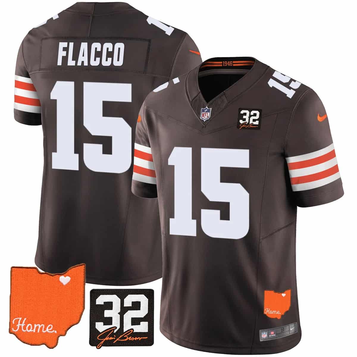 Custom Men’s Cleveland Browns #32 Jim Brown Memorial & Home Patch Vapor Limited Jersey All Stitched Joe Flacco 15
