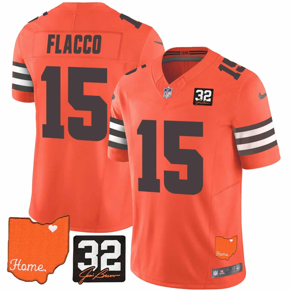 Custom Men’s Cleveland Browns #32 Jim Brown Memorial & Home Patch Vapor Limited Jersey All Stitched Joe Flacco 15