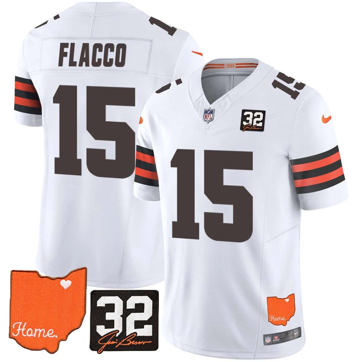 Custom Men’s Cleveland Browns #32 Jim Brown Memorial & Home Patch Vapor Limited Jersey All Stitched Joe Flacco 15