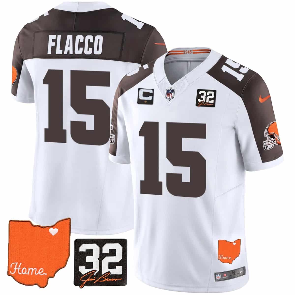 Custom Men’s Cleveland Browns #32 Jim Brown Memorial & Home Patch Vapor Limited Jersey All Stitched Joe Flacco #15