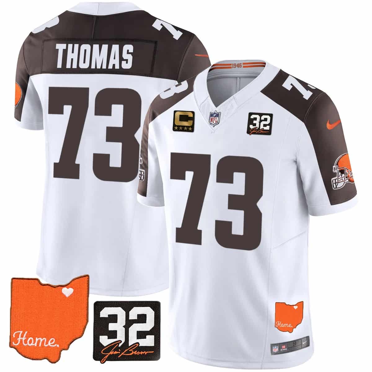 Custom Men’s Cleveland Browns #32 Jim Brown Memorial & Home Patch Vapor Limited Jersey All Stitched Joe Thomas #73