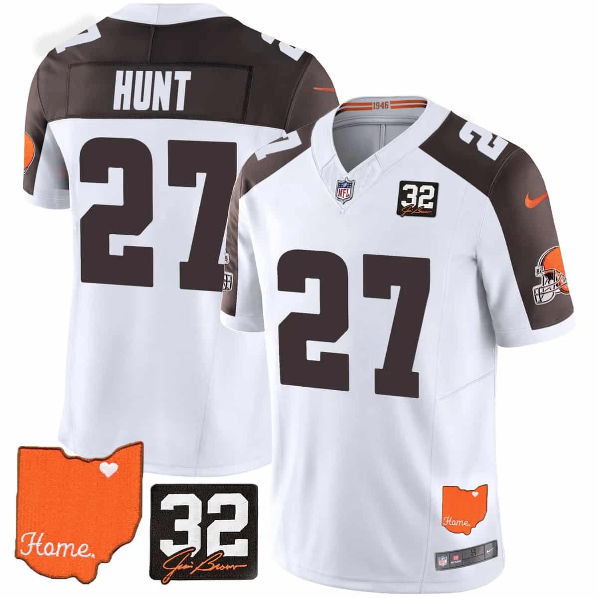 Custom Men’s Cleveland Browns #32 Jim Brown Memorial & Home Patch Vapor Limited Jersey All Stitched Kareem Hunt #27