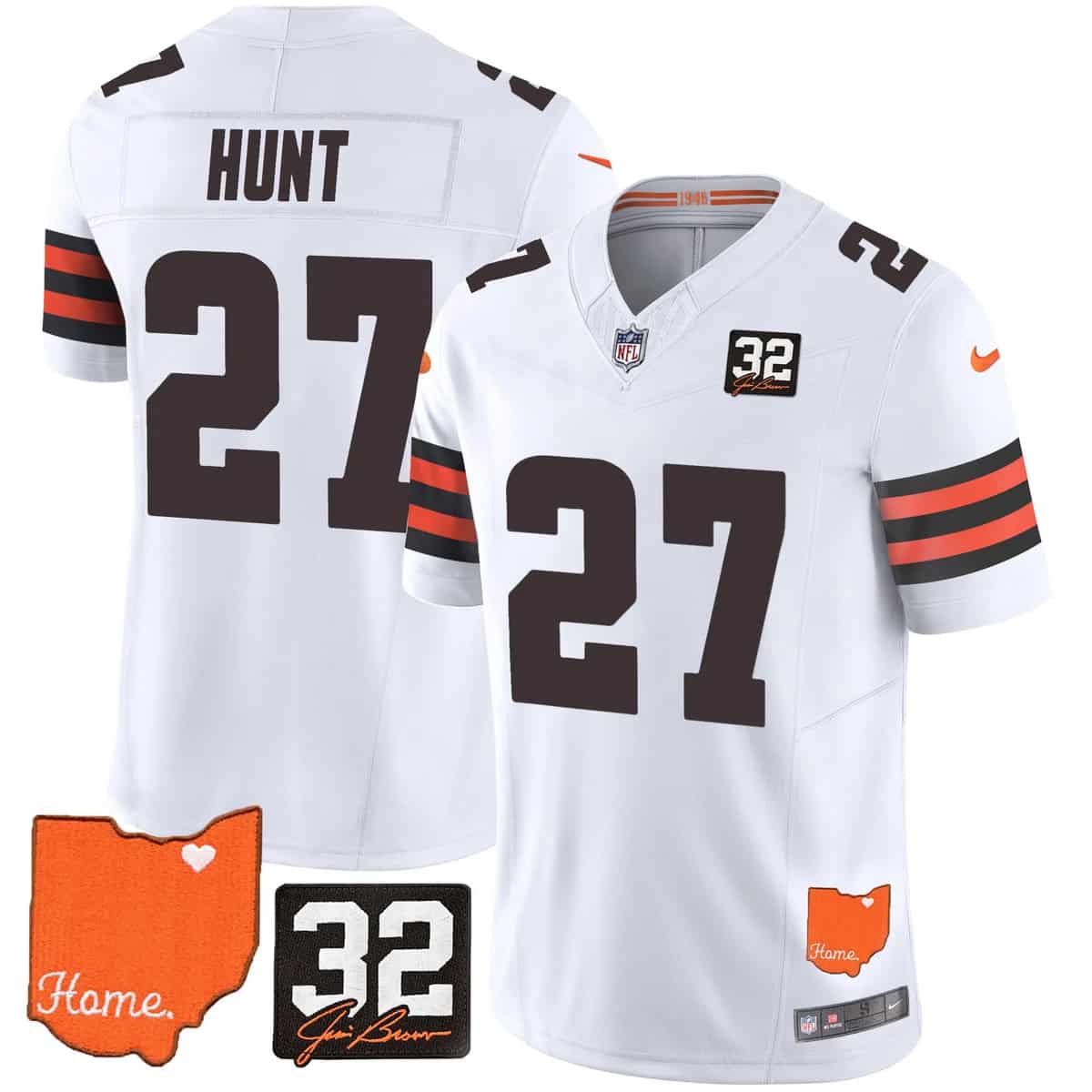 Custom Men’s Cleveland Browns #32 Jim Brown Memorial & Home Patch Vapor Limited Jersey All Stitched Kareem Hunt 27